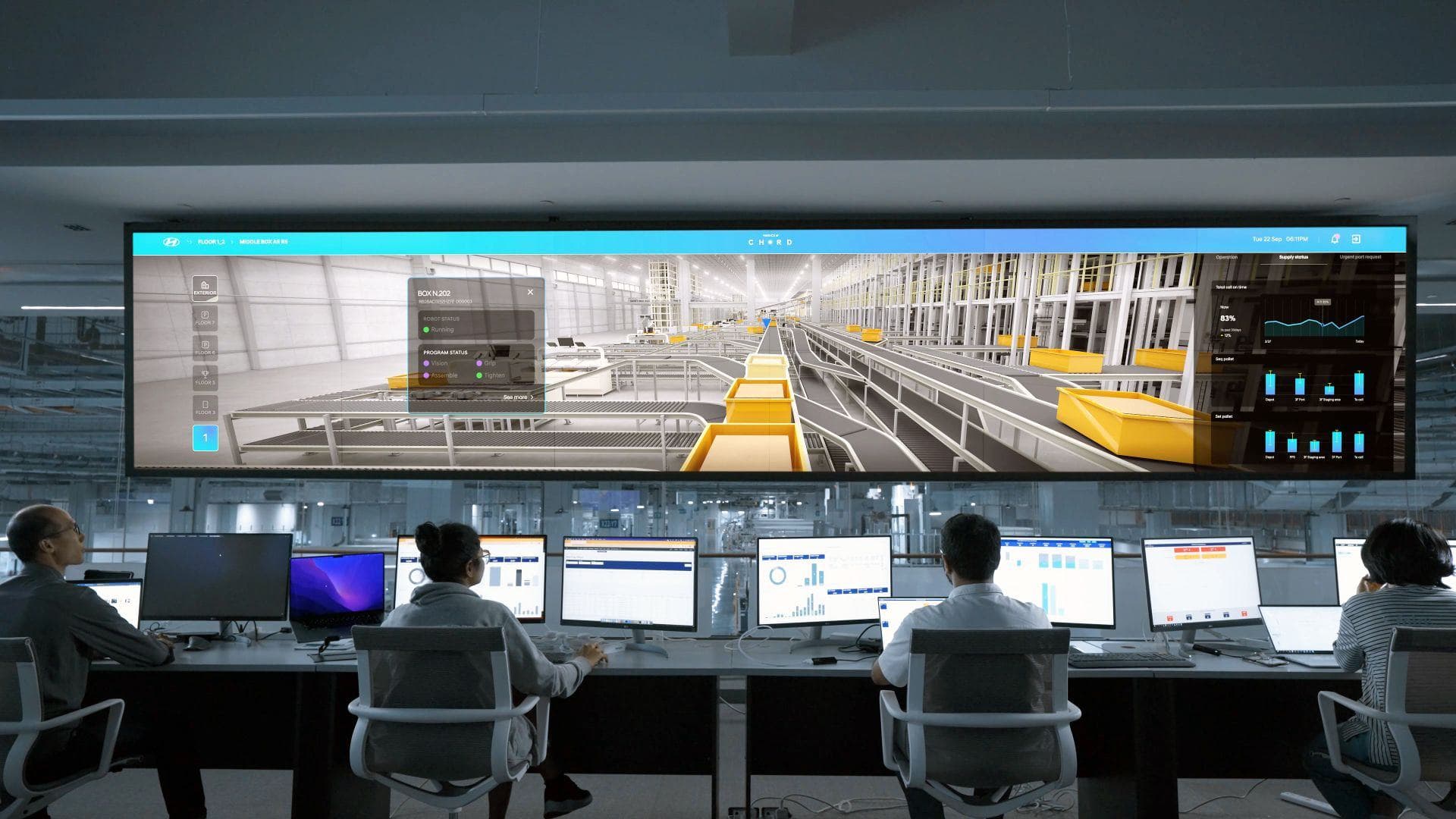 Leitstelle mit Monitorwand und Arbeitsplätzen, die Mitarbeiter von hinten vor den Livebildern