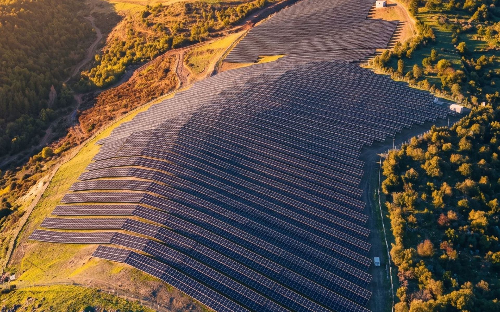 Solarpark aus der Luft bei tiefstehender Sonne — weite Fläche ohne Netzanschluss, Einsatzort für den Solar-Videoturm